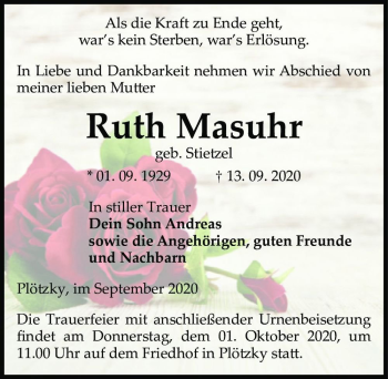 Traueranzeige von Ruth Masuhr (geb. Stietzel)  von Magdeburger Volksstimme