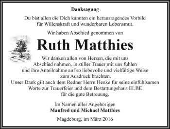 Traueranzeige von Ruth Matthies  von Magdeburger Volksstimme