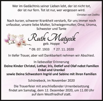 Traueranzeige von Ruth Matysik (geb. Hoppe)  von Magdeburger Volksstimme