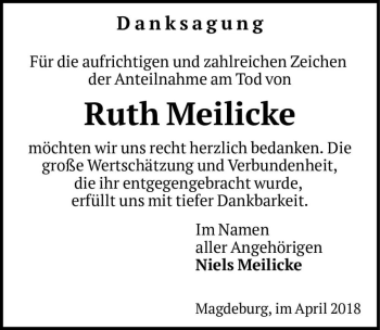 Traueranzeige von Ruth Meilicke  von Magdeburger Volksstimme
