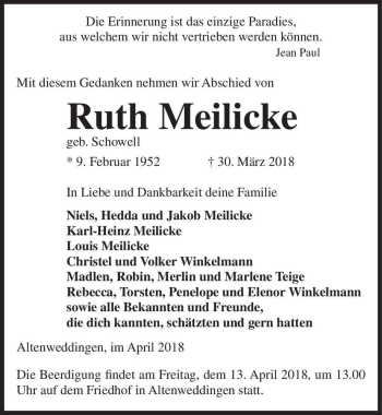 Traueranzeige von Ruth Meilicke (geb. Schowell)  von Magdeburger Volksstimme