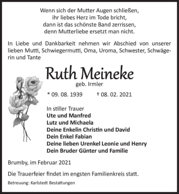 Traueranzeige von Ruth Meineke (geb. Irmler)  von Magdeburger Volksstimme