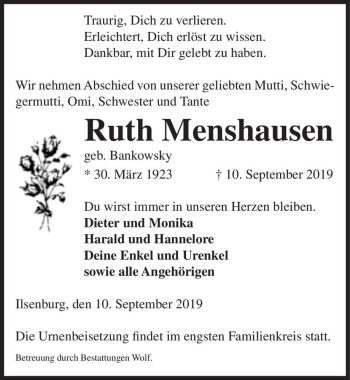 Traueranzeige von Ruth Menshausen (geb. Bankowsky)  von Magdeburger Volksstimme