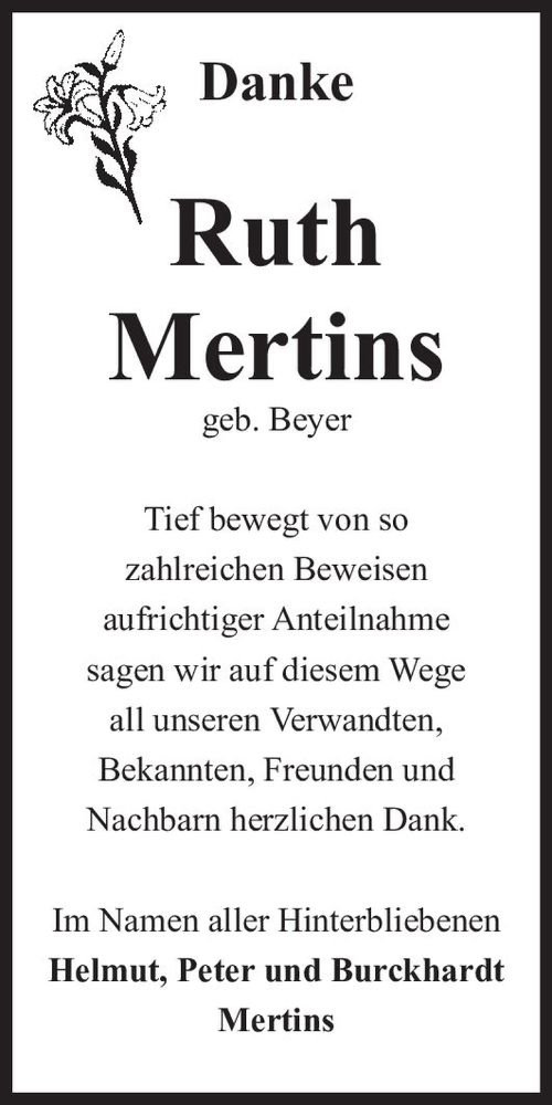  Traueranzeige für Ruth Mertins (geb. Beyer)  vom 07.08.2019 aus Magdeburger Volksstimme