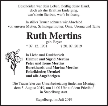 Traueranzeige von Ruth Mertins (geb. Beyer)  von Magdeburger Volksstimme