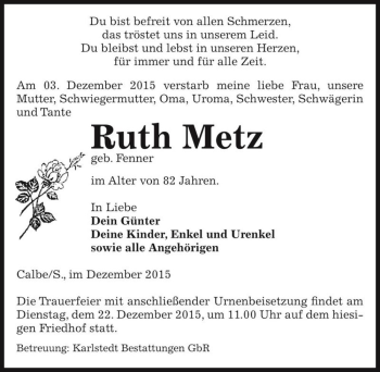 Traueranzeige von Ruth Metz (geb. Fenner)  von Magdeburger Volksstimme
