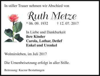 Traueranzeige von Ruth Metze  von Magdeburger Volksstimme