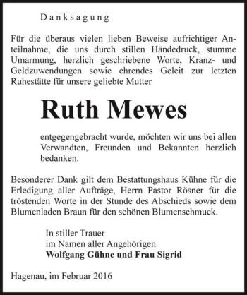 Traueranzeige von Ruth Mewes  von Magdeburger Volksstimme