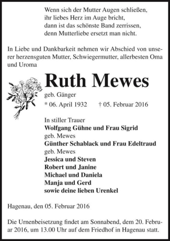 Traueranzeige von Ruth Mewes (geb. Gänger)  von Magdeburger Volksstimme
