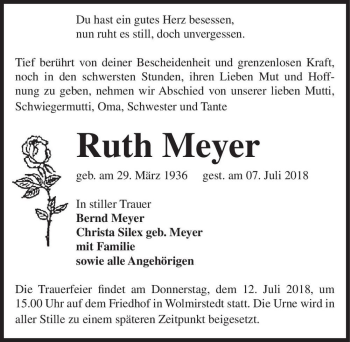 Traueranzeige von Ruth Meyer  von Magdeburger Volksstimme