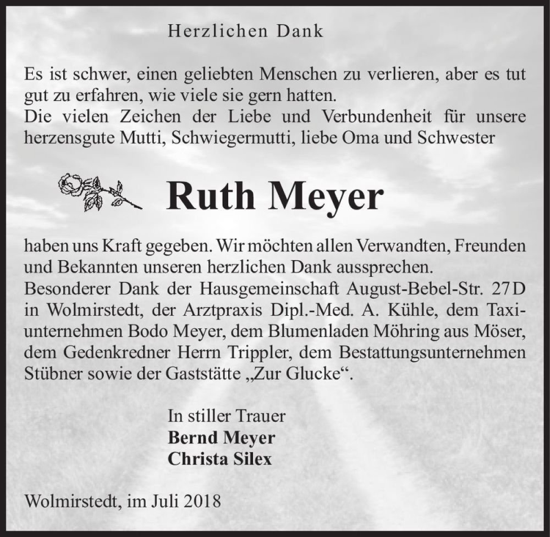  Traueranzeige für Ruth Meyer  vom 21.07.2018 aus Magdeburger Volksstimme
