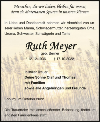 Traueranzeige von Ruth Meyer (geb. Berner)  von Magdeburger Volksstimme