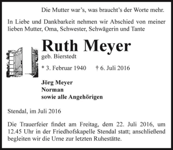 Traueranzeige von Ruth Meyer (geb. Bierstedt)  von Magdeburger Volksstimme