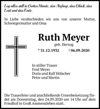 Traueranzeige von Ruth Meyer (geb. Herzog)  von Magdeburger Volksstimme