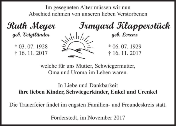 Traueranzeige von Ruth Meyer (geb. Voigtländer), Irmgard Klapperstück (geb. Lorenz)  von Magdeburger Volksstimme