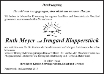 Traueranzeige von Ruth Meyer und Irmgard Klapperstück  von Magdeburger Volksstimme