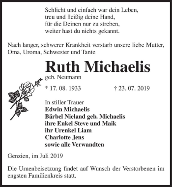 Traueranzeige von Ruth Michaelis  von Magdeburger Volksstimme