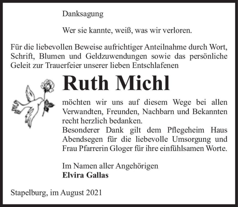  Traueranzeige für Ruth Michl  vom 28.08.2021 aus Magdeburger Volksstimme