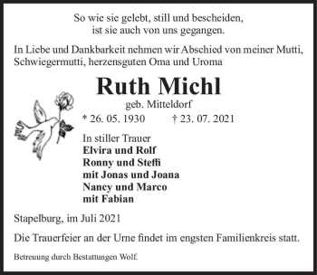 Traueranzeige von Ruth Michl (geb. Mitteldorf)  von Magdeburger Volksstimme
