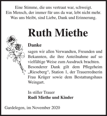 Traueranzeige von Ruth Miethe  von Magdeburger Volksstimme