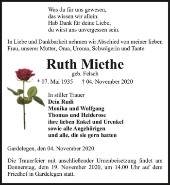 Traueranzeige von Ruth Miethe (geb. Felsch)  von Magdeburger Volksstimme
