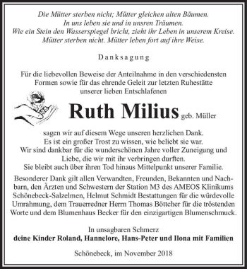 Traueranzeige von Ruth Milius (geb. Müller)  von Magdeburger Volksstimme