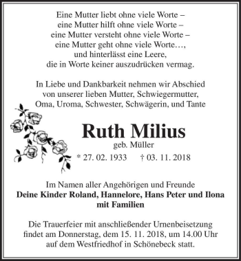 Traueranzeige von Ruth Milius (geb. Müller)  von Magdeburger Volksstimme