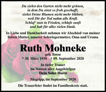 Traueranzeige von Ruth Mohneke (geb. Bosse)  von Magdeburger Volksstimme