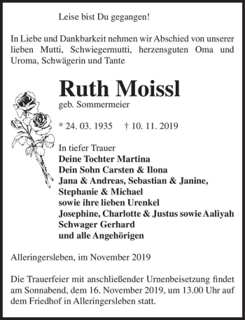 Traueranzeige von Ruth Moissl (geb. Sommermeier)  von Magdeburger Volksstimme