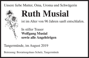 Traueranzeige von Ruth Musial  von Magdeburger Volksstimme