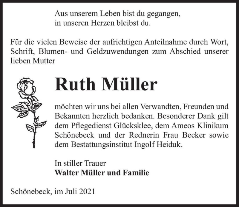  Traueranzeige für Ruth Müller  vom 17.07.2021 aus Magdeburger Volksstimme