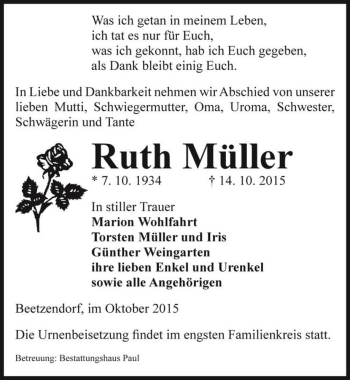 Traueranzeige von Ruth Müller  von Magdeburger Volksstimme