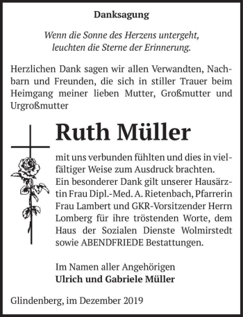 Traueranzeige von Ruth Müller  von Magdeburger Volksstimme