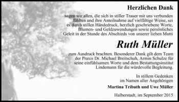 Traueranzeige von Ruth Müller  von Magdeburger Volksstimme