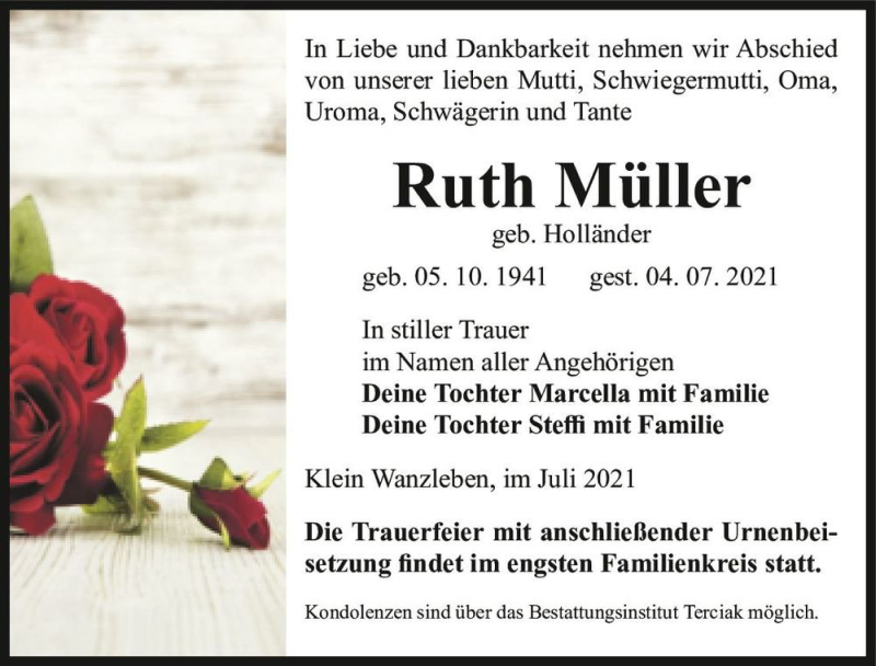  Traueranzeige für Ruth Müller (geb. Holländer)  vom 10.07.2021 aus Magdeburger Volksstimme