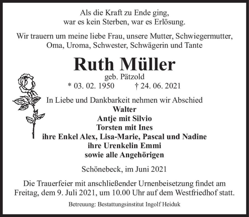 Traueranzeige für Ruth Müller (geb. Pätzold)  vom 03.07.2021 aus Magdeburger Volksstimme