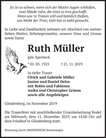 Traueranzeige von Ruth Müller (geb. Sperbeck)  von Magdeburger Volksstimme