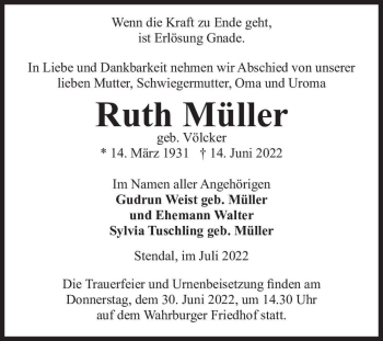 Traueranzeige von Ruth Müller (geb. Völcker)  von Magdeburger Volksstimme