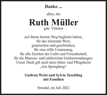 Traueranzeige von Ruth Müller (geb. Völcker)  von Magdeburger Volksstimme
