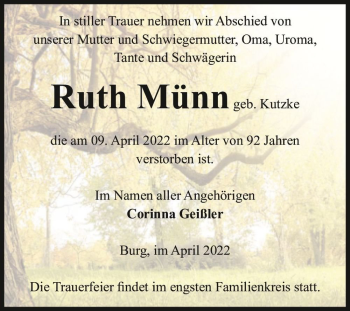 Traueranzeige von Ruth Münn (geb. Kutzke)  von Magdeburger Volksstimme