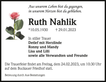Traueranzeige von Ruth Nahlik  von Magdeburger Volksstimme