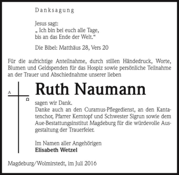 Traueranzeige von Ruth Naumann  von Magdeburger Volksstimme