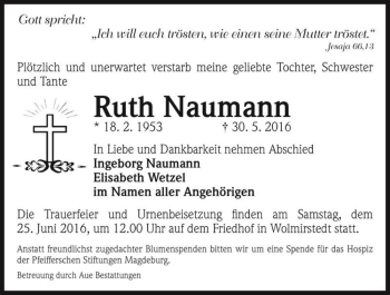 Traueranzeige von Ruth Naumann  von Magdeburger Volksstimme