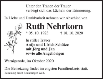 Traueranzeige von Ruth Nehrkorn  von Magdeburger Volksstimme