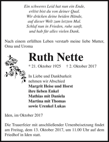 Traueranzeige von Ruth Nette  von Magdeburger Volksstimme