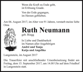 Traueranzeige von Ruth Neumann (geb. Riegg)  von Magdeburger Volksstimme