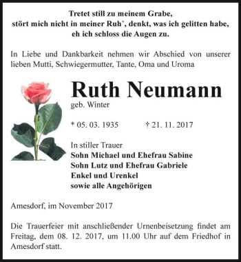Traueranzeige von Ruth Neumann (geb. Winter)  von Magdeburger Volksstimme
