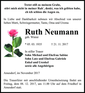 Traueranzeige von Ruth Neumann (geb. Winter)  von Magdeburger Volksstimme