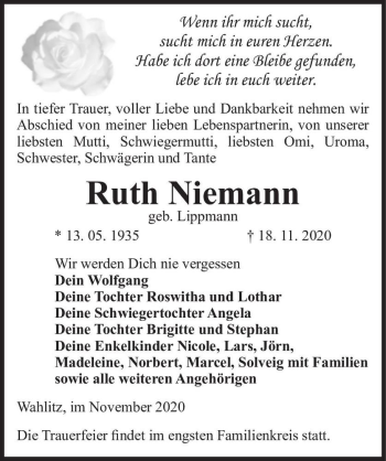Traueranzeige von Ruth Niemann (geb. Lippmann)  von Magdeburger Volksstimme