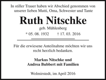 Traueranzeige von Ruth Nitschke (geb. Mühlenberg)  von Magdeburger Volksstimme